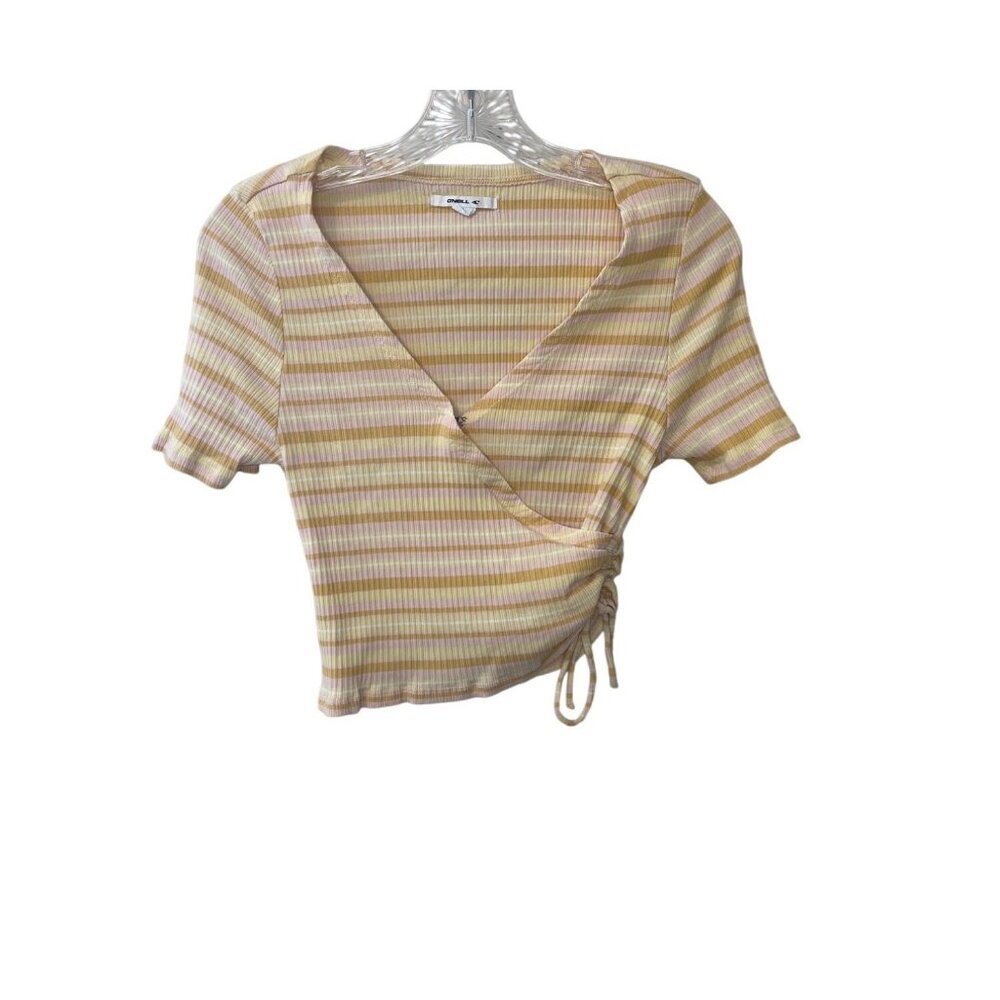 ONeill Womens Ribbed Striped Wrap Top With Side Tie Detail Short Sleeves Yellow